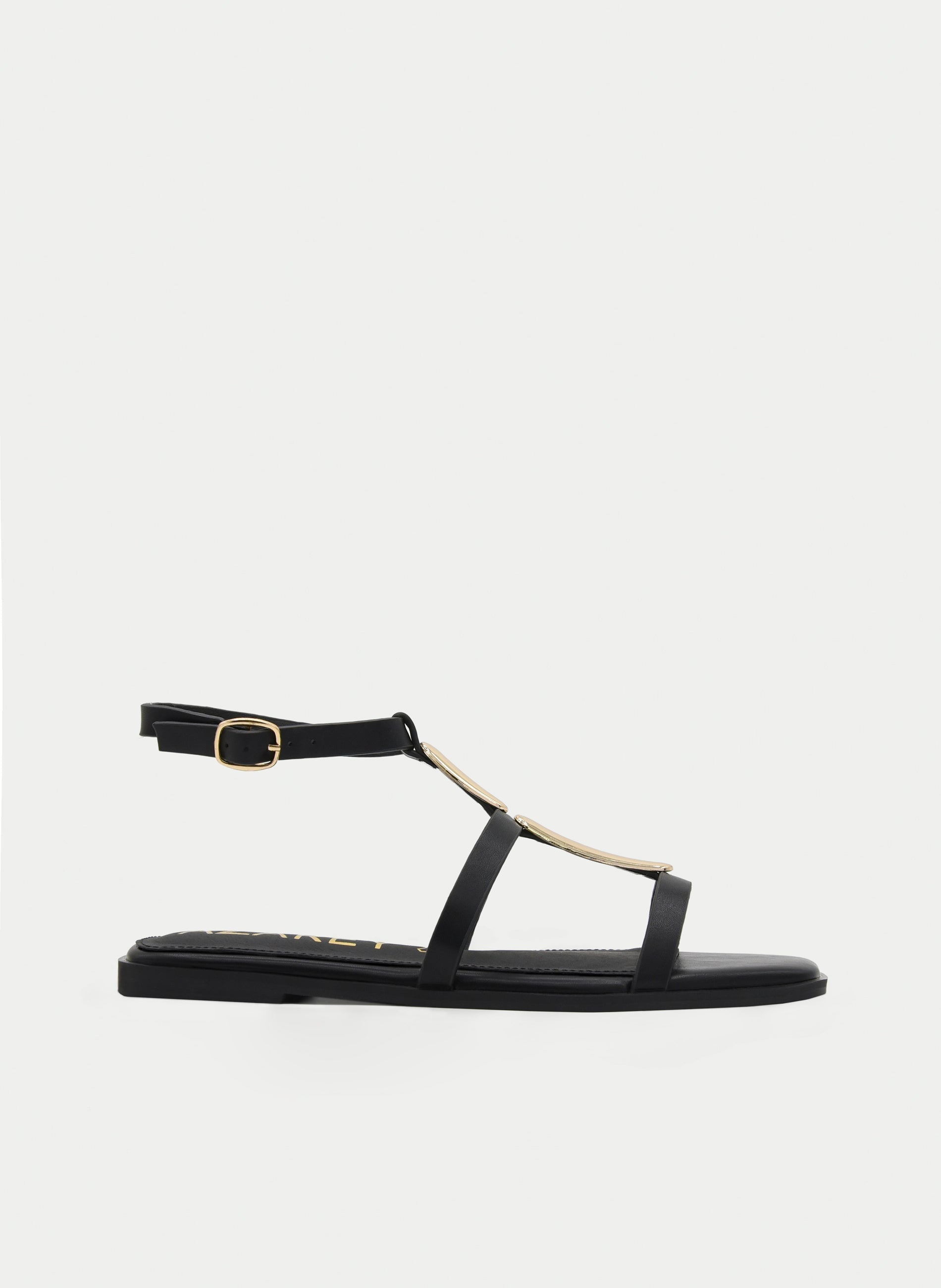 SANDALIAS PLANAS NEGRAS DORADAS