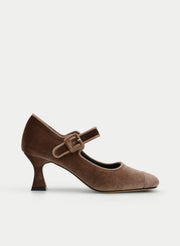 ZAPATO MERCDITAS DE TERCIOPELO TAUPE TACÓN RETRO