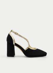 ZAPATO DE TERCIOPELO NEGRO TACÓN ANCHO TIRA DORADA