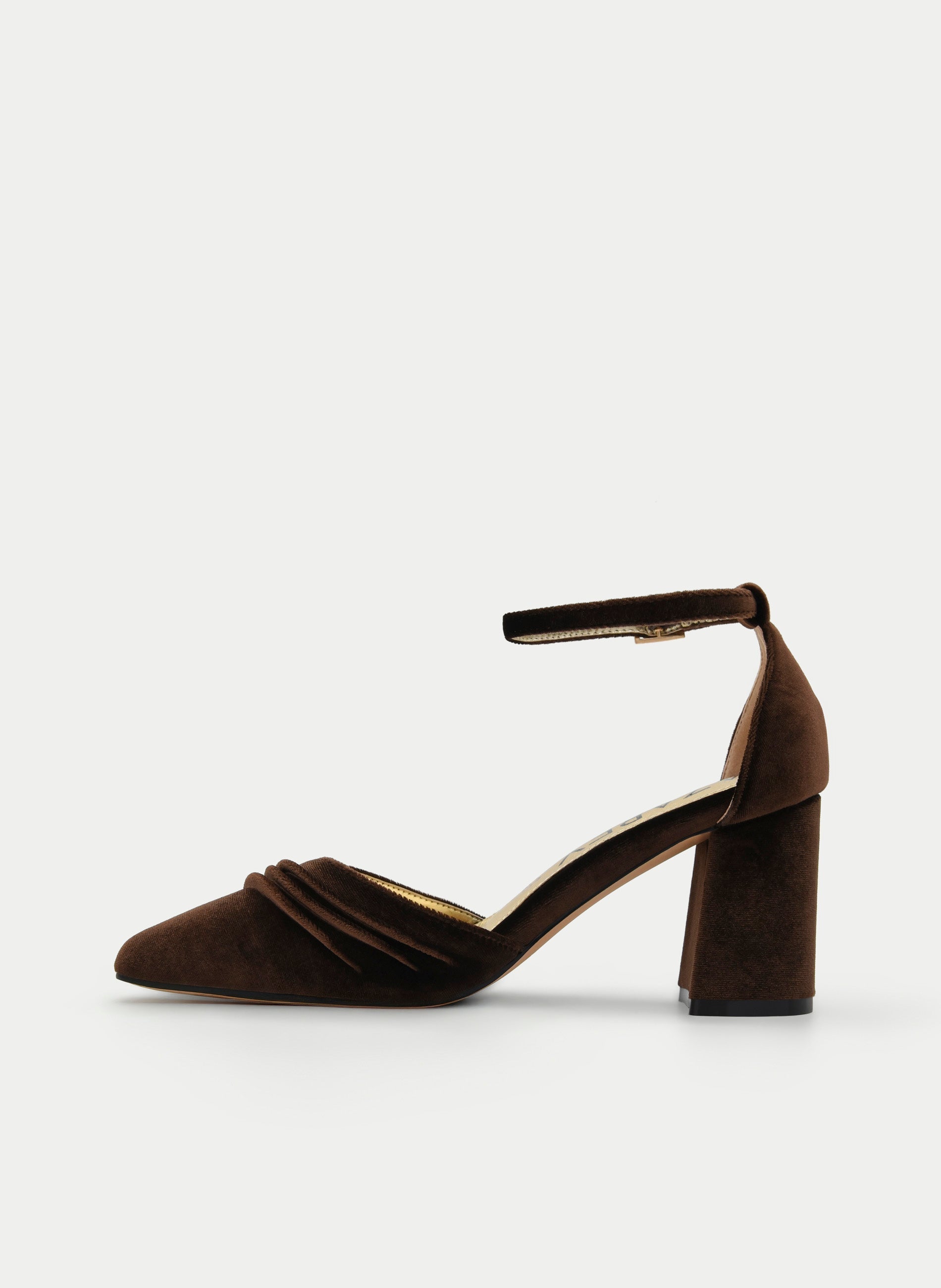 ZAPATOS DE SALÓN DE TERCIOPELO MARRÓN CON CORREA AL TOBILLO