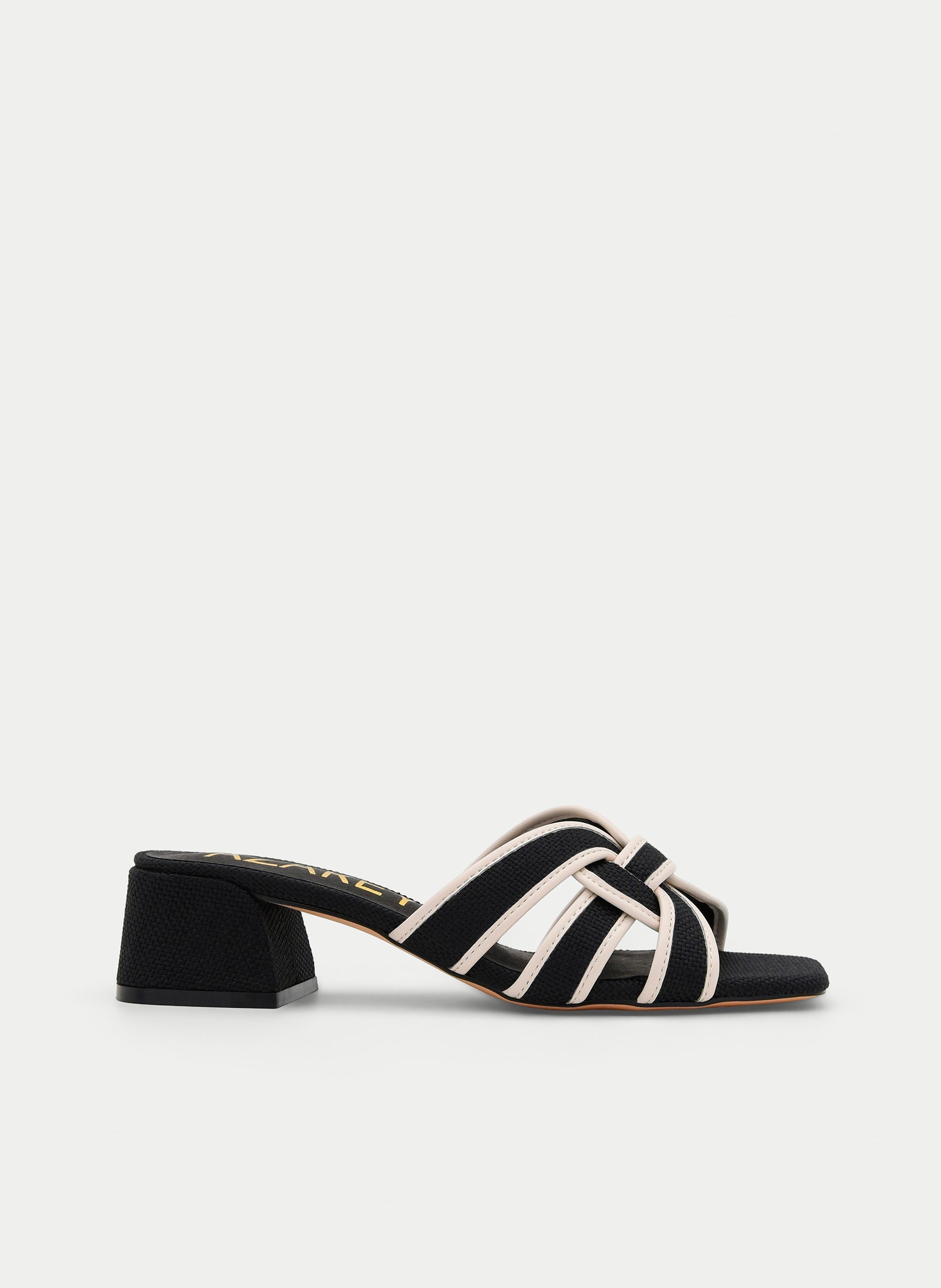 BLACK HEEL SANDAL WITH BEIGE STRAPS AND CENTRAL KNOT