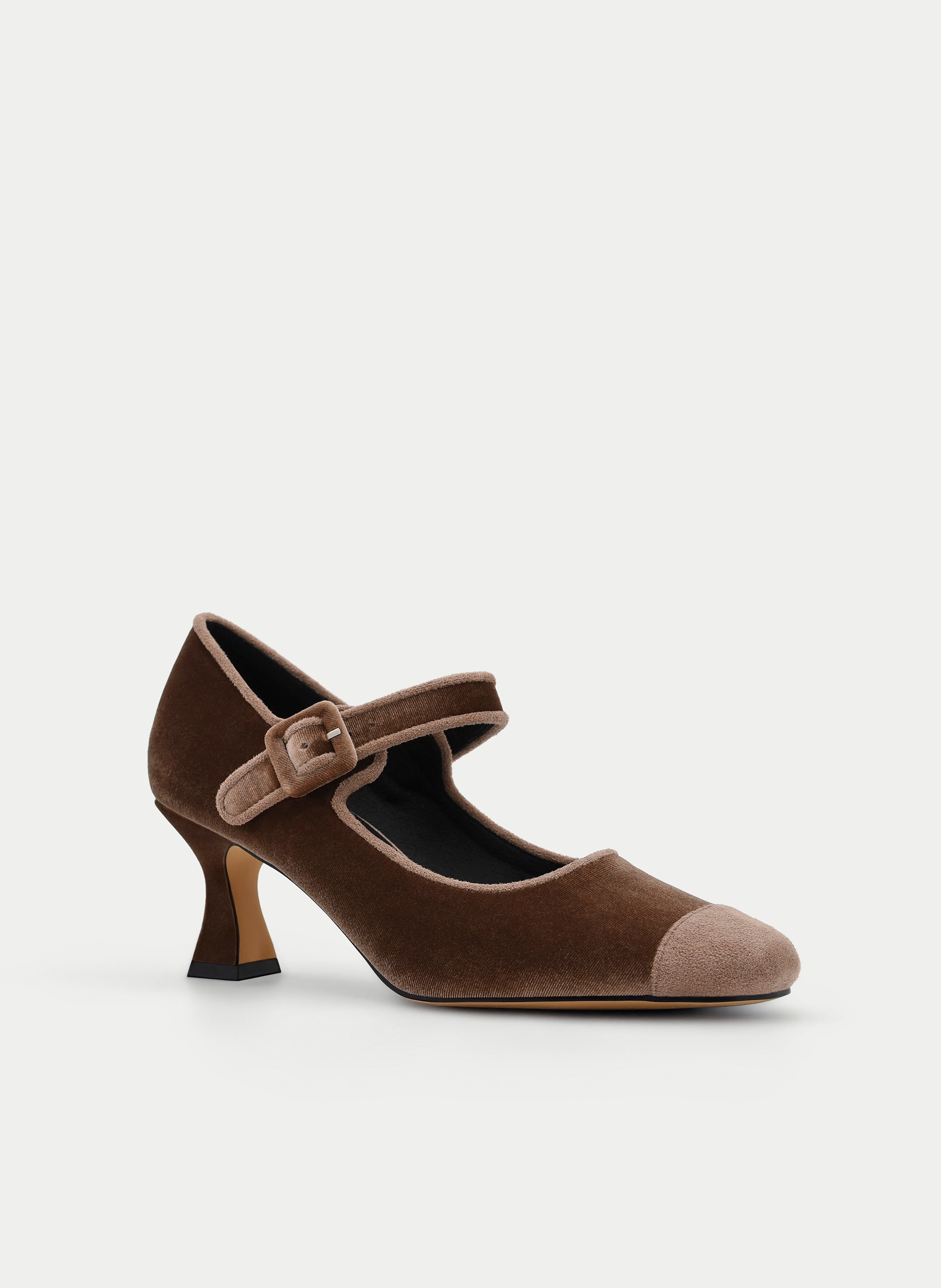 ZAPATO MERCDITAS DE TERCIOPELO TAUPE TACÓN RETRO